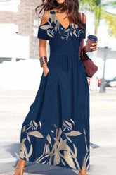 Elegant Navy Blue Off-Shoulder Maxi Dress with Floral Design